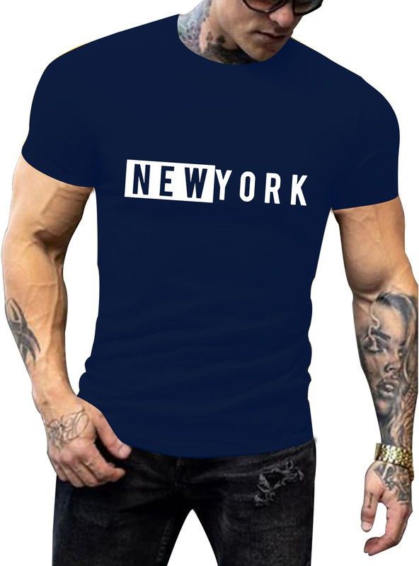 NewYork-HF12-N-L Men Printed Round Neck Pure Cotton Navy Blue T-Shirt