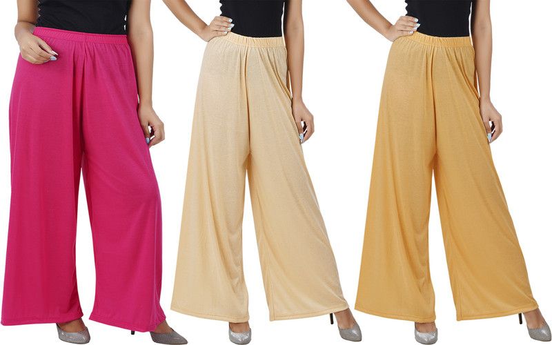 Pack of 3 Women Flared Pink, Beige, Brown Cotton Blend Trousers