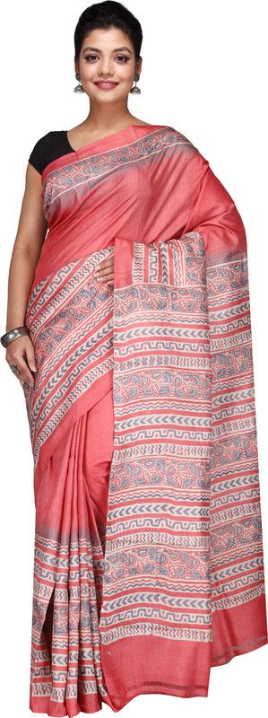 Blocked Printed Bollywood Pure Silk Saree  (Orange)