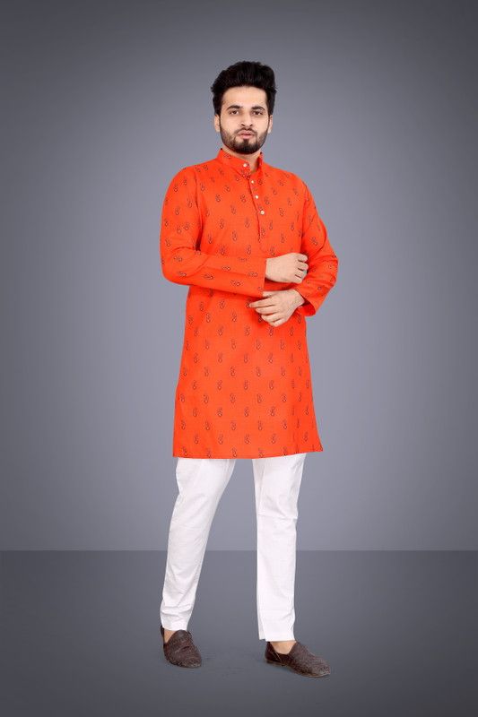 Men Self Design, Printed Cotton Blend Straight Kurta  (Orange)