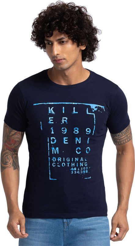 SMU T-SHIRTS Men Printed Round Neck Pure Cotton Navy Blue T-Shirt