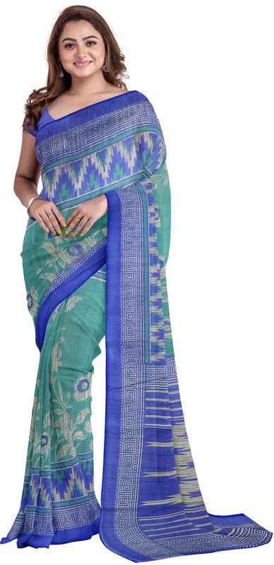 Printed Bollywood Silk Blend, Polyester Saree  (Green, Blue)