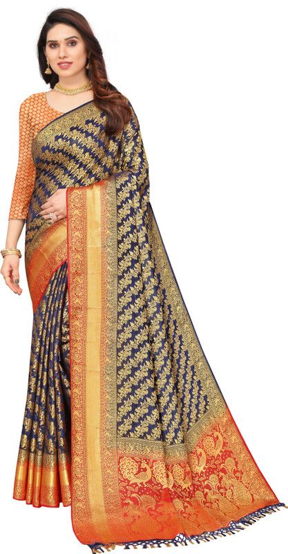 Woven Banarasi Silk Blend, Cotton Silk Saree  (Red, Blue)