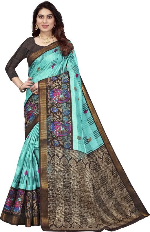 Printed Manipuri Silk Blend, Cotton Silk Saree  (Light Green)