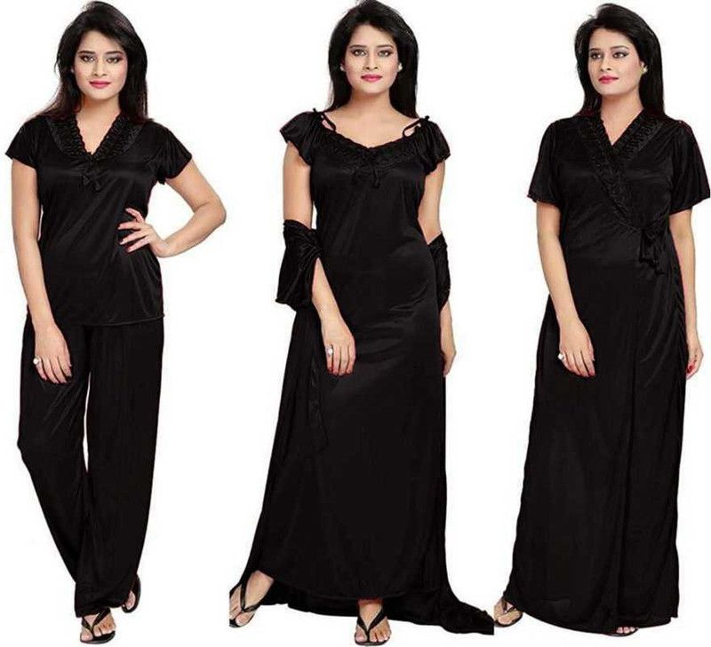 Pack of 4 Women Nighty  (Black)