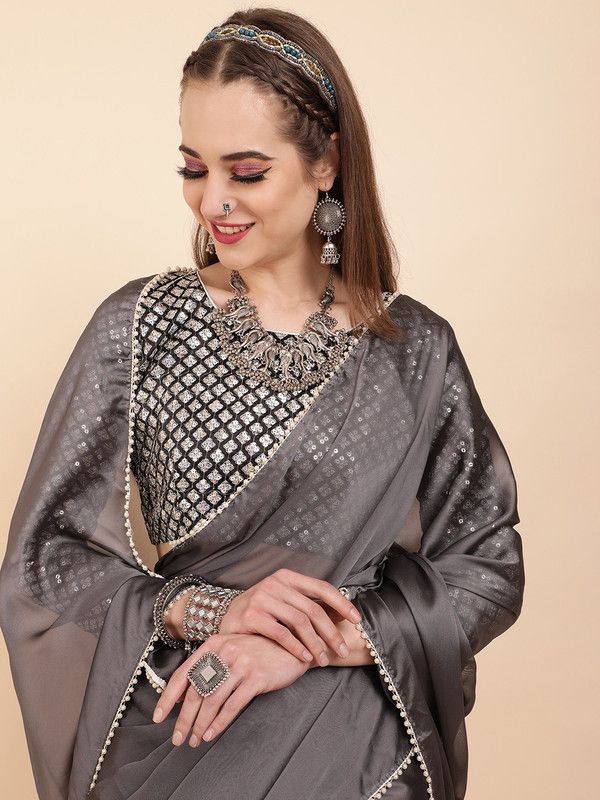 Embellished Bollywood Satin Saree  (Grey)