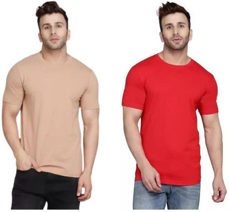 Pack of 2 Men Solid Round Neck Cotton Blend Red, Beige T-Shirt