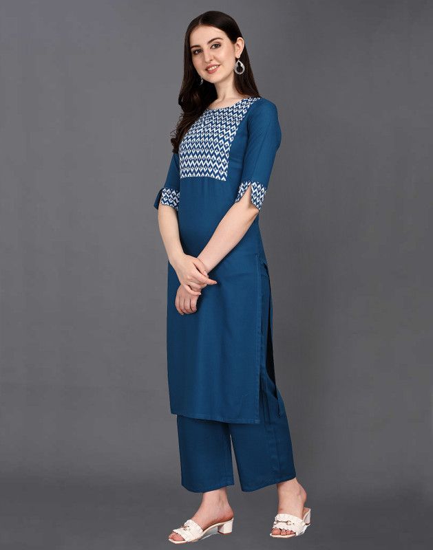 Women Printed, Geometric Print, Checkered, Striped Cotton Rayon Straight Kurta  (Blue)