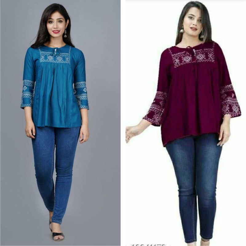 Pack of 2 Casual Regular Sleeves Embroidered Women Purple, Light Blue Top