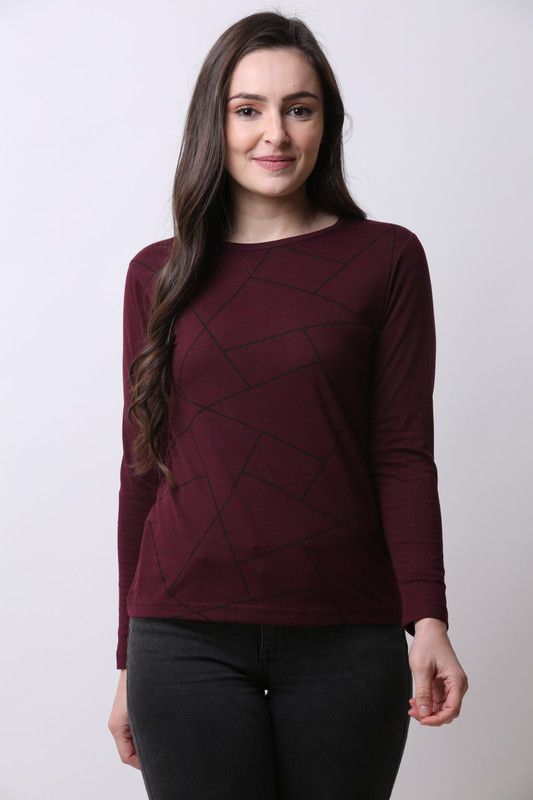 Women Geometric Print Round Neck Cotton Blend Maroon T-Shirt