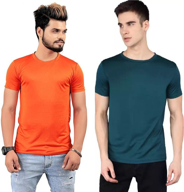 Pack of 2 Men Solid Round Neck Elastane Blue, Orange T-Shirt