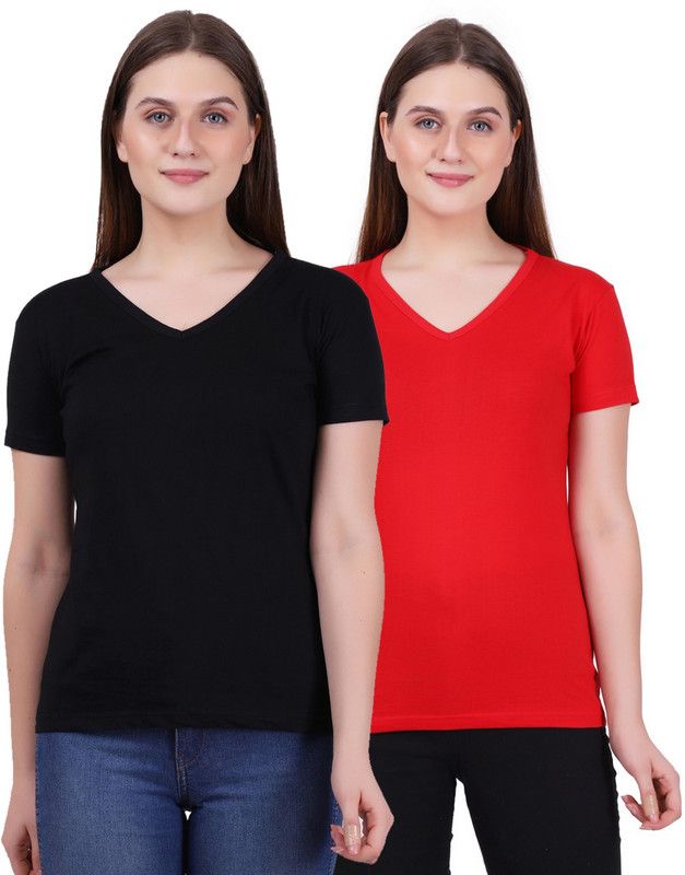 Solid Women Black, Red T-Shirt  (Pack of 2)