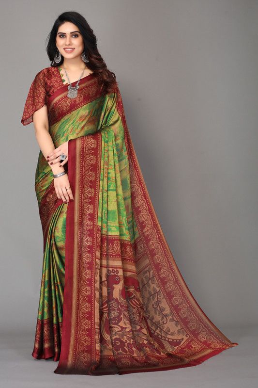 Printed, Color Block, Animal Print Bollywood Chiffon Saree  (Red, Light Green)