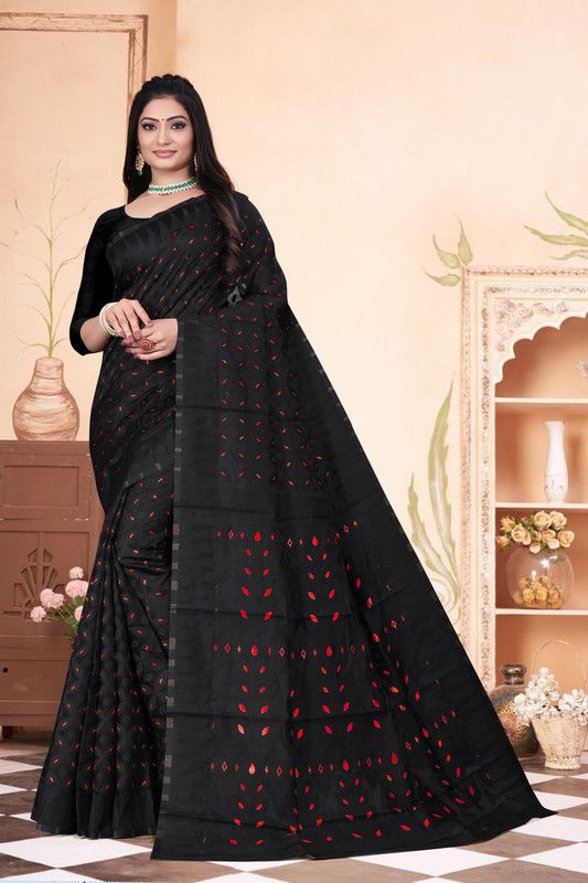Woven, Printed, Self Design, Solid/Plain, Embroidered, Temple Border Jamdani Jacquard, Pure Cotton Saree  (Black, Red)