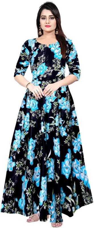 Rayon Blend Stitched Flared/A-line Gown  (Black, Blue)