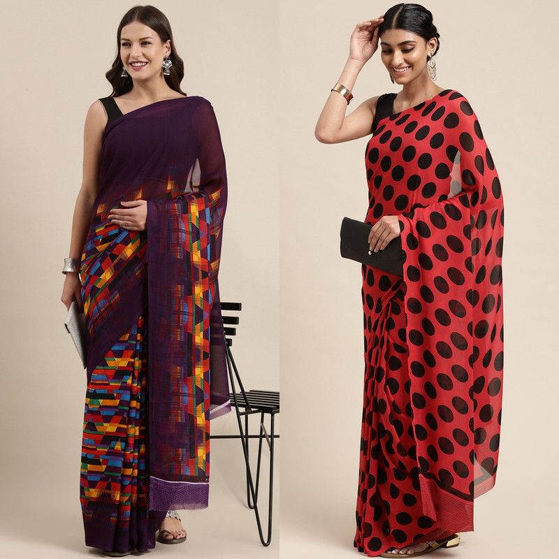 Daily Wear Georgette Saree  (Pack of 2, Purple, Black)