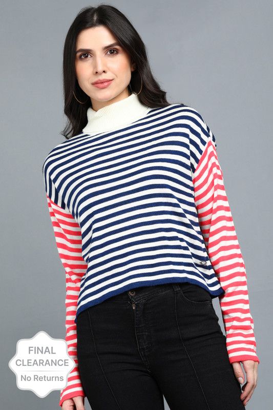 Women Striped Turtle Neck Multicolor Sweater