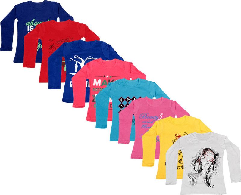 Girls Printed Cotton Blend T Shirt  (Multicolor, Pack of 8)