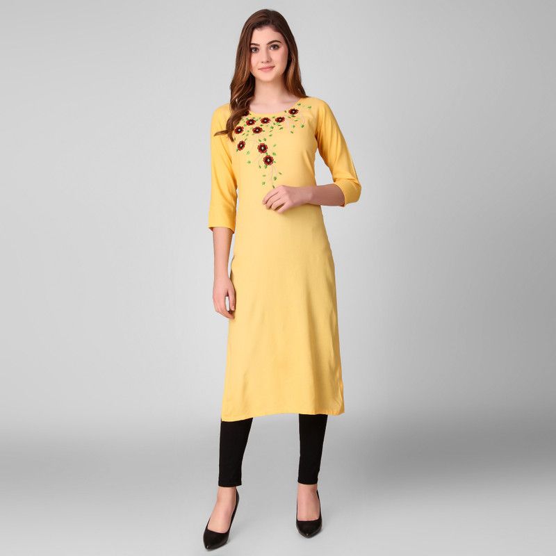 Women Embroidered Viscose Rayon Straight Kurta  (Yellow)