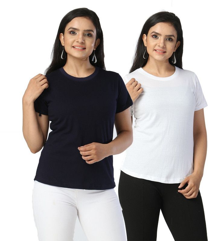Pack of 2 Women's Round Neck Half Sleeve Tshirt combo pack of 2 Women Solid Round Neck Pure Cotton Blue, Black T-Shirt