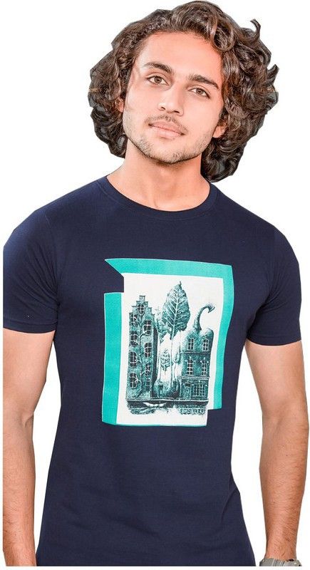 Men Typography Round Neck Cotton Blend Dark Blue T-Shirt