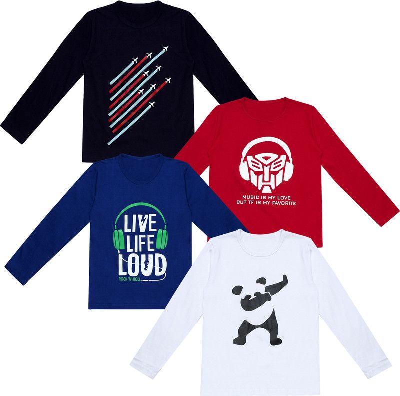 Boys Printed Pure Cotton T Shirt  (Multicolor, Pack of 4)
