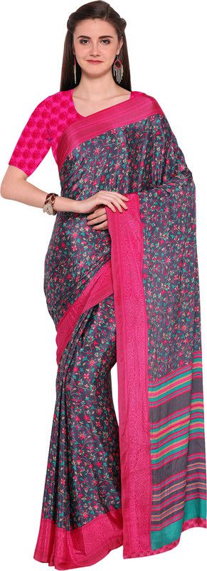 Floral Print Bollywood Crepe Saree  (Pink, Grey)