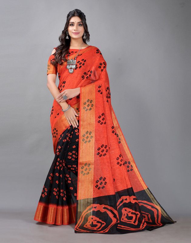 Floral Print, Printed Bandhani Cotton Silk Saree  (Orange, Black)