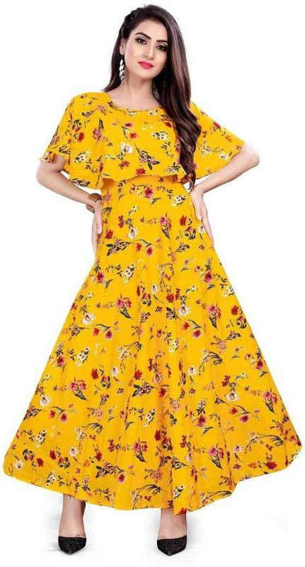 Floral Print Crepe Stitched Anarkali Gown  (Yellow)