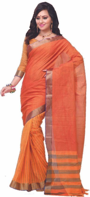 Striped, Solid/Plain Bollywood Cotton Blend Saree  (Orange)