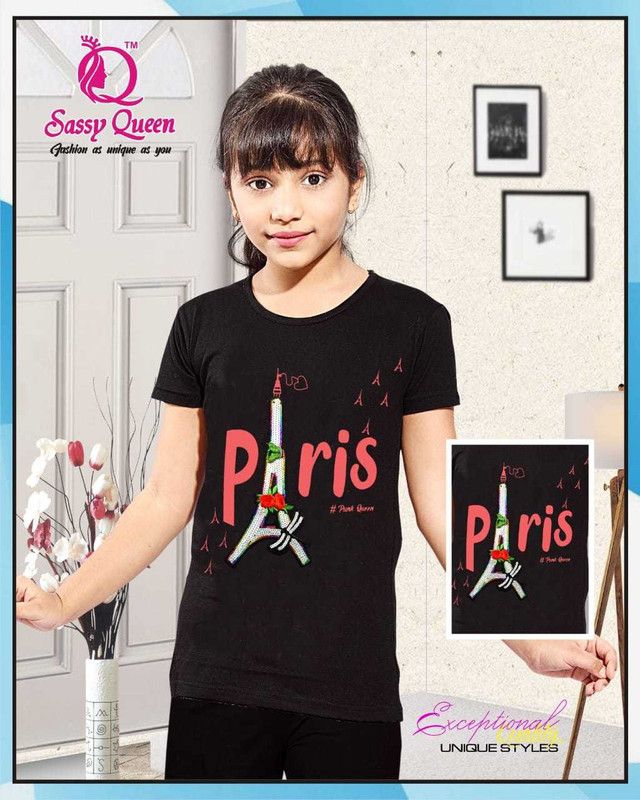 Girls Typography Pure Cotton T Shirt  (Black, Pack of 1)