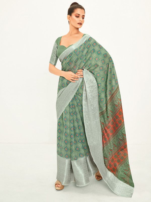 Geometric Print Chanderi Cotton Blend Saree  (Green)