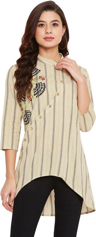 Casual Regular Sleeves Striped, Embroidered Women Beige Top