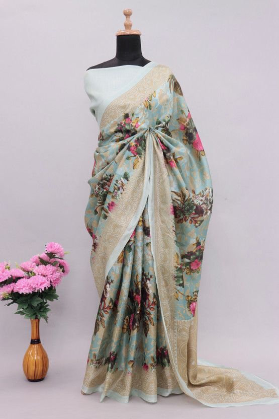 Floral Print Bollywood Cotton Blend Saree  (Multicolor)