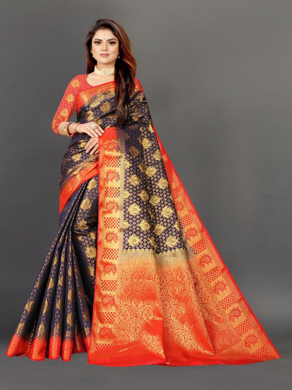 Self Design Banarasi Jacquard Saree  (Dark Blue, Red)