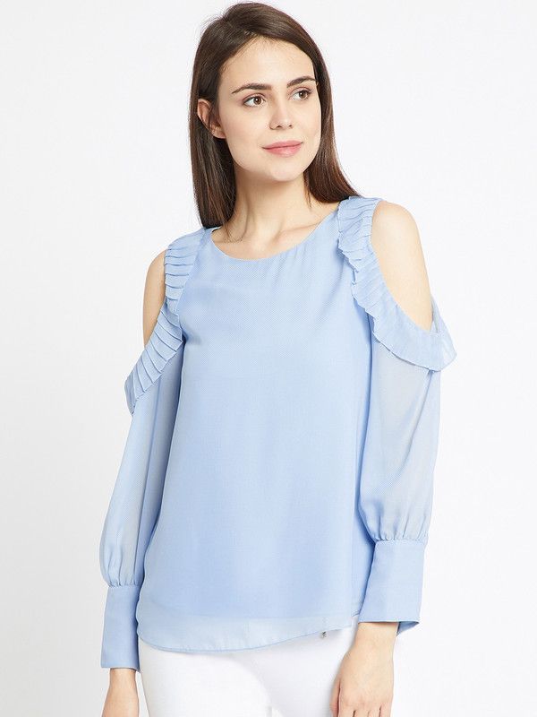 Casual Cold Shoulder Sleeves Solid Women Light Blue Top