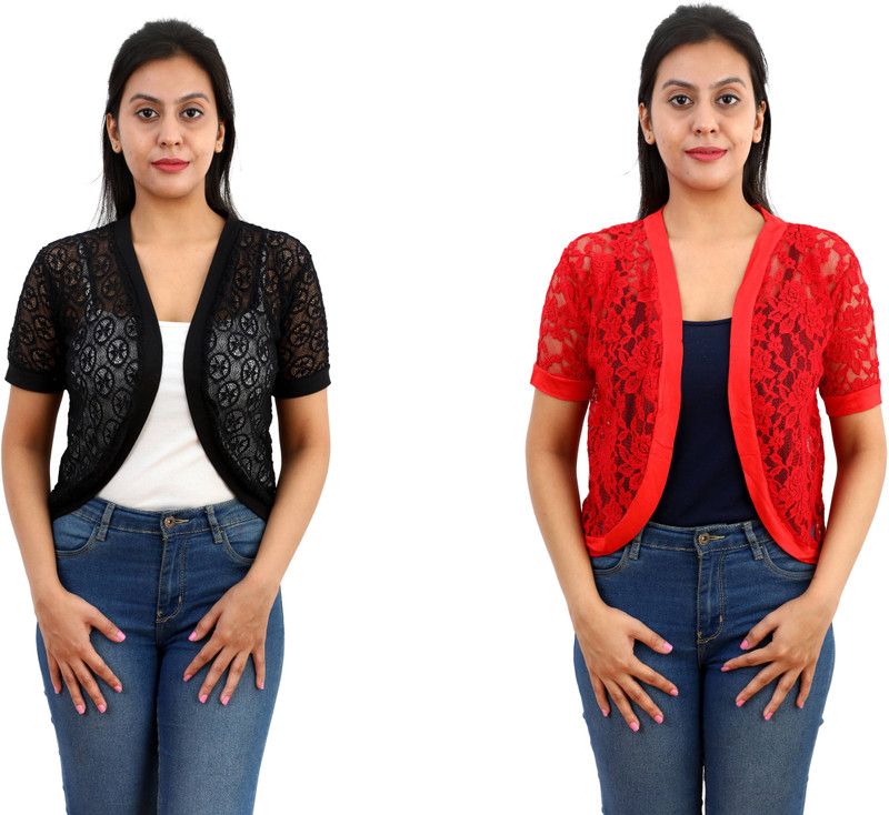 Women Half Sleeve Black, Red Shrug