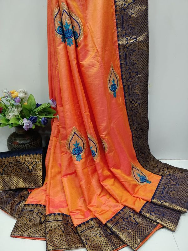 Bollywood Silk Blend Saree  (Orange, Dark Blue)