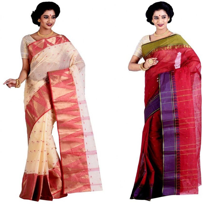 Woven Jamdani Cotton Blend Saree  (Pack of 2, Maroon, Beige)