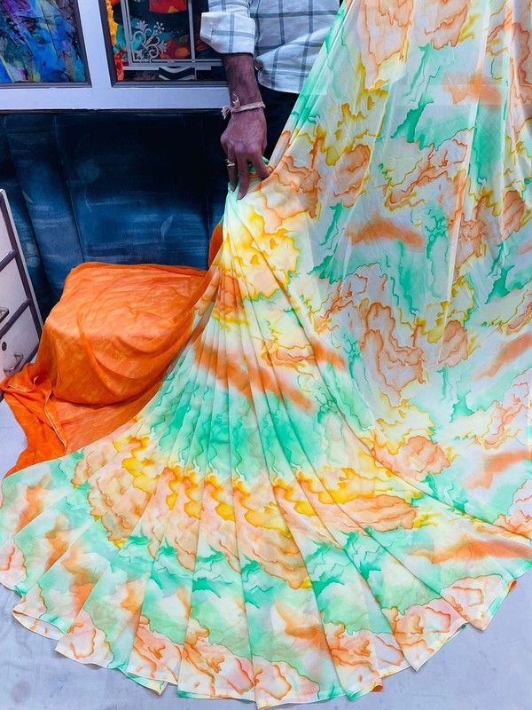 Printed Fashion Georgette Saree  (Orange)