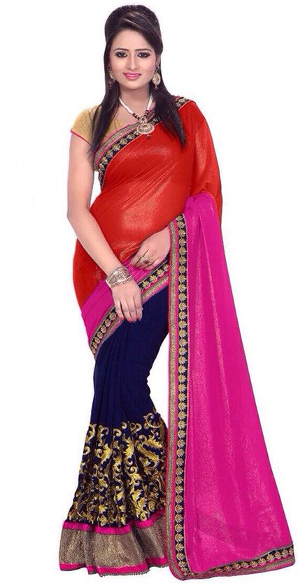 Embroidered Bollywood Handloom Chiffon Saree  (Red, Blue, Pink)