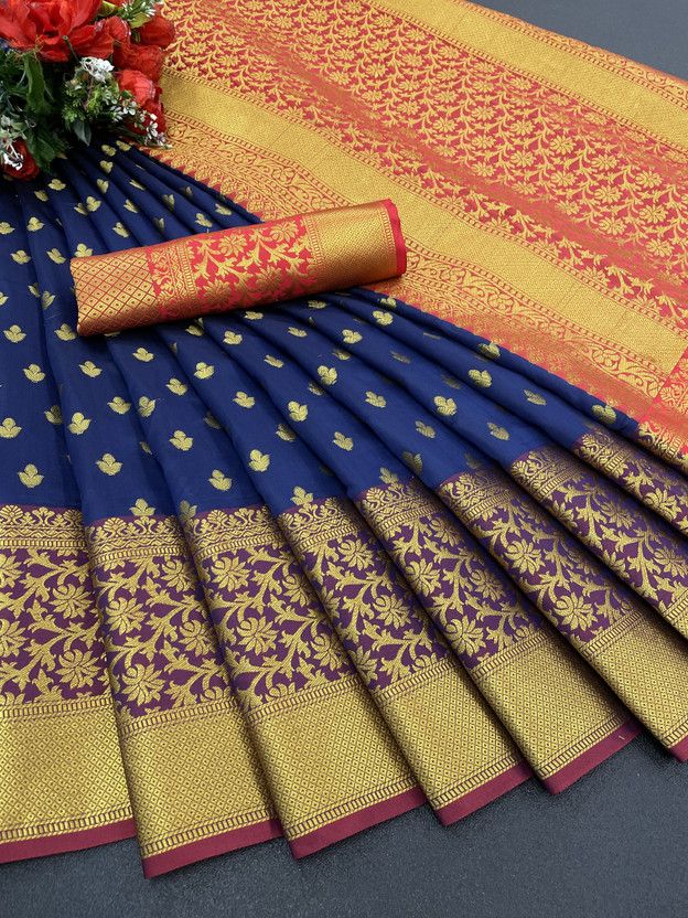 Woven Kanjivaram Pure Silk, Cotton Silk Saree  (Dark Blue, Red)