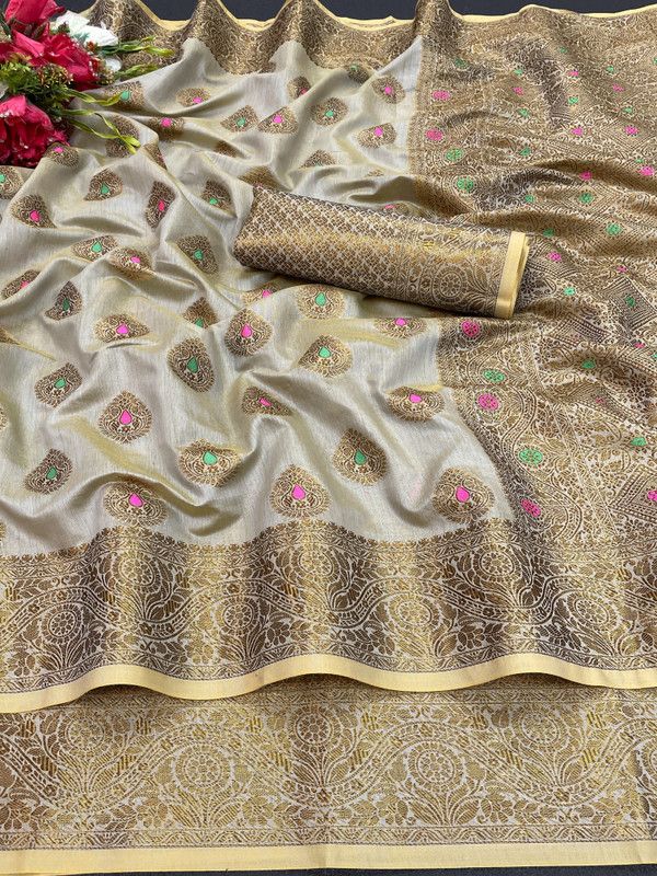 Woven Banarasi Cotton Silk, Jacquard Saree  (Grey)