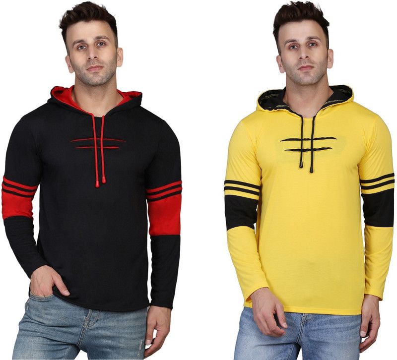 Pack of 2 Men Striped Hooded Neck Cotton Blend Black, Yellow T-Shirt
