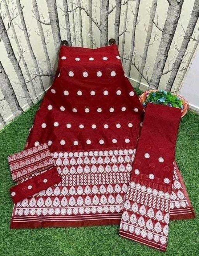 Embroidered Mekhela Chador Cotton Linen, Cotton Silk Saree  (Red)