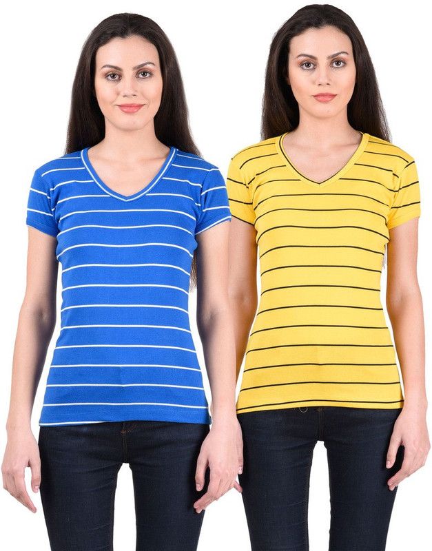 Pack of 2 Women Striped V Neck Cotton Blend Multicolor T-Shirt
