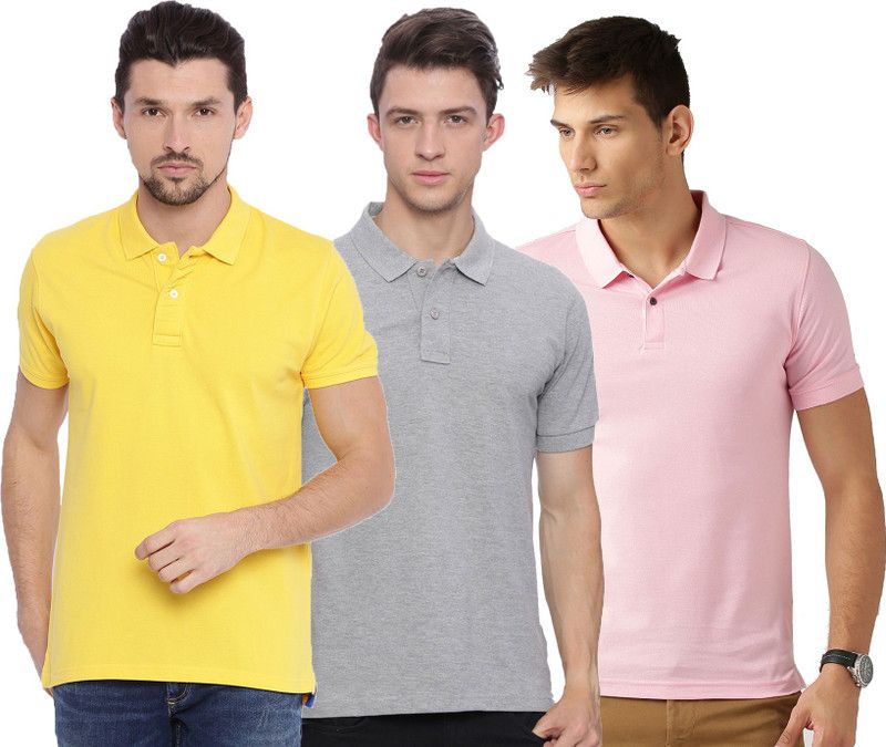 Pack of 3 Men Solid Polo Neck Cotton Blend Pink, Grey, Yellow T-Shirt