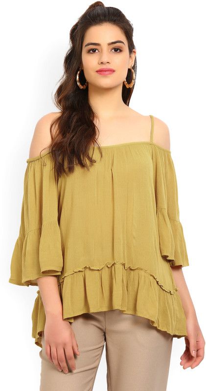 Casual Bell Sleeves Solid Women Gold Top