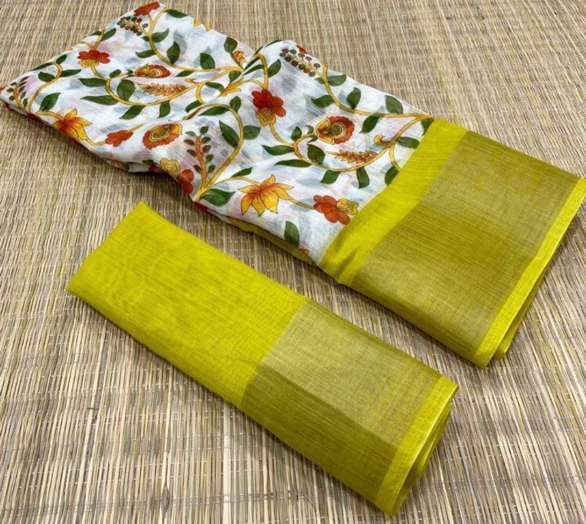 Floral Print Bandhani Cotton Linen Saree  (Yellow)