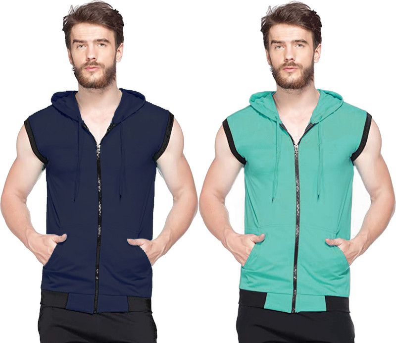 Pack of 2 Men Solid Hooded Neck Cotton Blend Light Green, Navy Blue T-Shirt